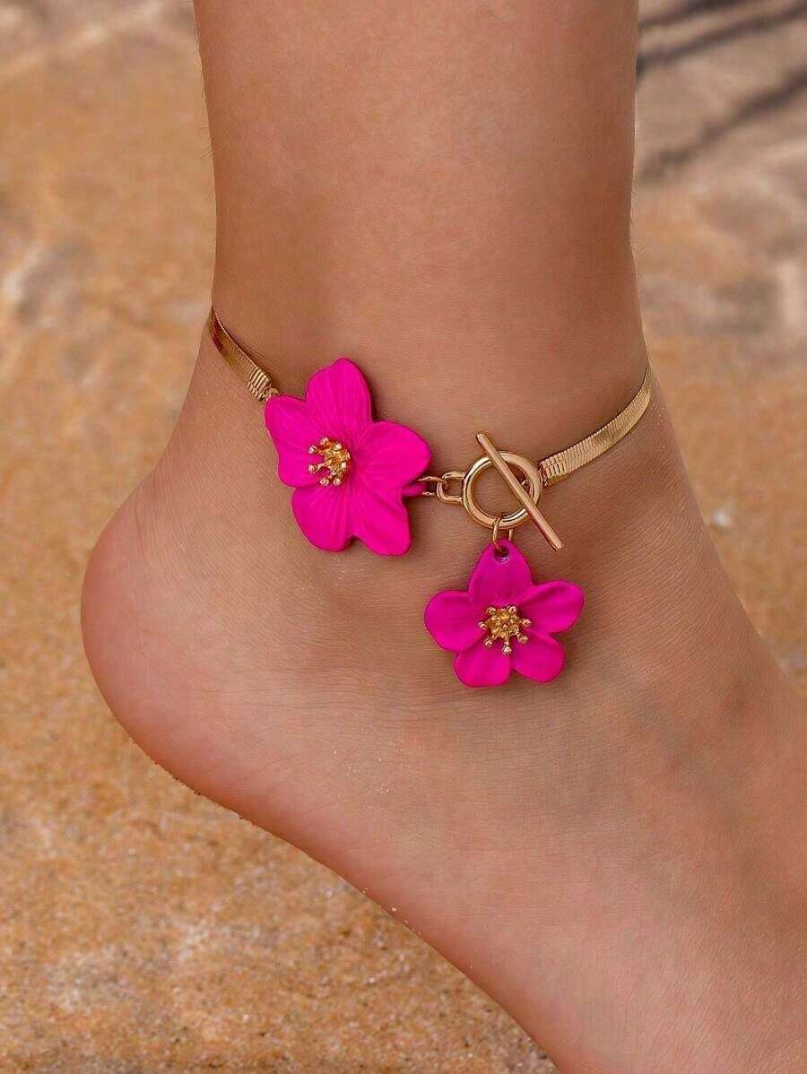 1pc Fashionable White Floral Spray Painting Elegant Simple Anklet For Women, Suitable For Party & Holiday - 紅色油滴 - 查看 1