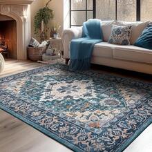 Washable Area Rug 5x7 - Soft Faux-Wool Area Rug Living Room Bedroom, Boho Vintage Floral Medallion Non-Slip Low Pile, Pet Friendly, Blue White - 深綠色 - 查看 4