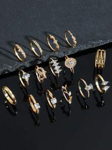 Bộ 15 chiếc nhẫn hình học cổ điển đính đá pha lê vàng sang trọng, thích hợp cho phụ nữ đeo hàng ngày, làm quà tặng cho bạn bè - Vàng - Xem 2