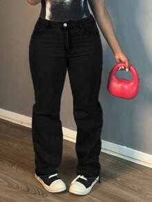 Stir-Fried Salt Washed Water Waist Ladies Jeans, Stylish, Comfortable And Versatile Fit,  Style, Classic Diagonal Pocket Design, Very Suitable For Daily Wear, Leisure Outing And Travel Straight Wide-Leg Trousers. - 黑色 - 查看 12