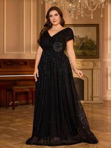 Plus V-Neck Batwing Sleeve Waist 3D Applique Flared Dress Glitter Sequin Elegant Party Evening Dress, Valentine's Day - Black - View 1