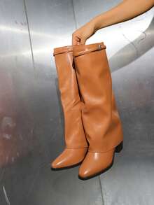 Ghete de damă maro cu vârful ascuțit și toc gros, cizme la modă cu cataramă înaltă, pantofi eleganți fără mâneci pentru toamnă/iarnă