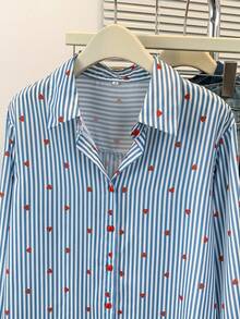 YUXIN 热销清新蓝白条纹心形元素衬衫舒适透气多场景四季女上衣 - 藍條 - 查看 5