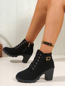 Giày nữ đế dày 6 lỗ mạ đồng chống gỉ, trang trí khóa cài, kiểu dáng Hàn Quốc, quai rộng, giày casual, bốt cổ ngắn cao gót đế xuồng buộc dây mũi tròn, màu đen đa năng, phù hợp mọi mùa. - màu đen - Xem 5
