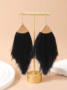 1 Pair Bohemian Style Vacation Versatile Khaki, Green, White, Orange Long Tassel Handmade Triangle Minimalist Fashion Oversized Alloy Earrings For Women, Suitable For Daily Wear - Black - View 1