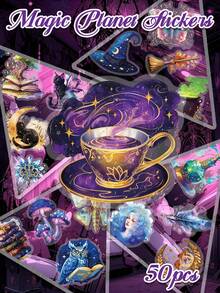 50pcs Purple Magic Planet Stickers PET Material Cartoon Fantasy Designs Perfect For Decorating Scrapbooks, Water Bottles, Skateboards, Guitars Party Art & Craft Decorative Stickers