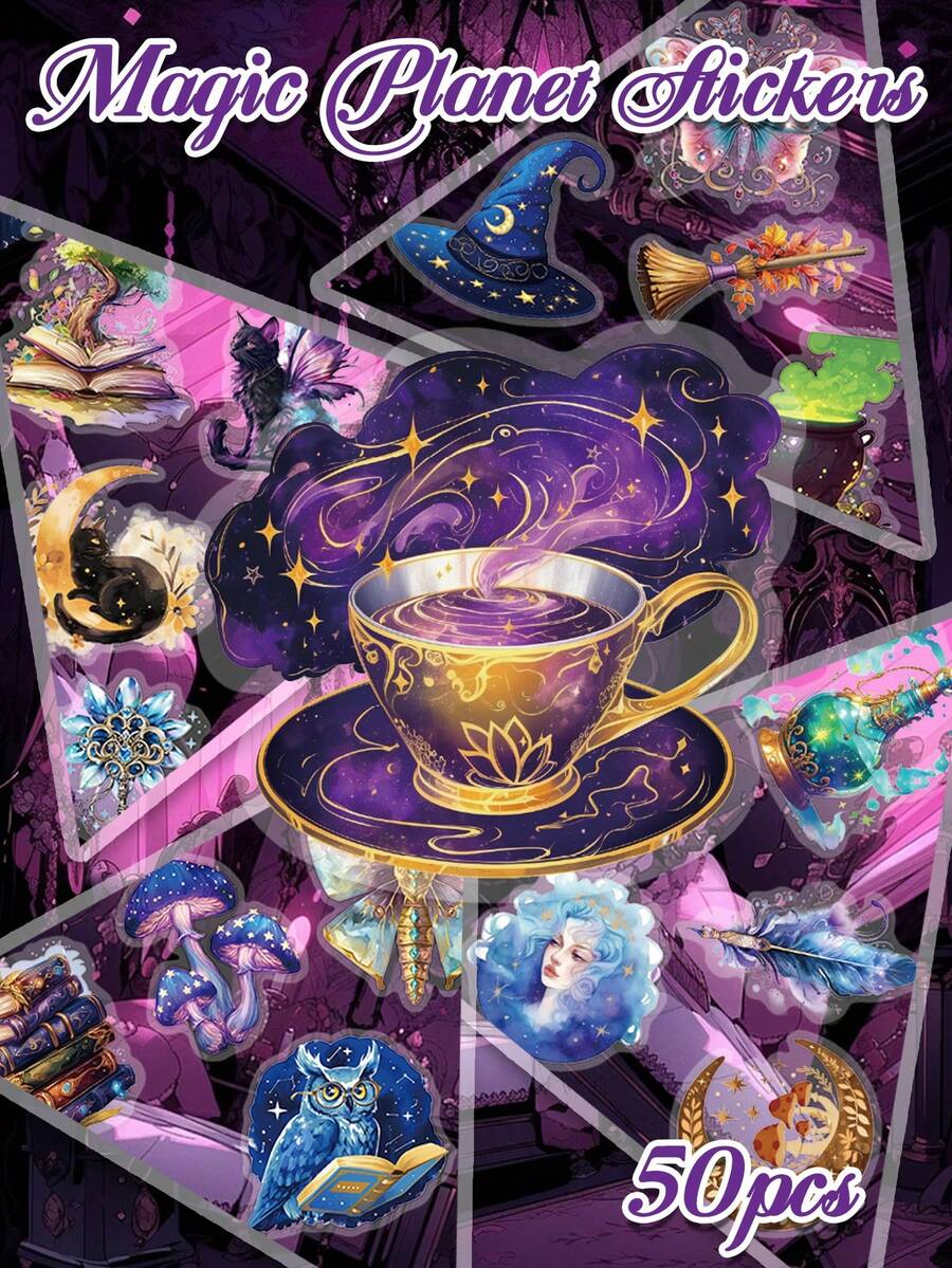 50pcs Purple Magic Planet Stickers PET Material Cartoon Fantasy Designs Perfect For Decorating Scrapbooks, Water Bottles, Skateboards, Guitars Party Art & Craft Decorative Stickers