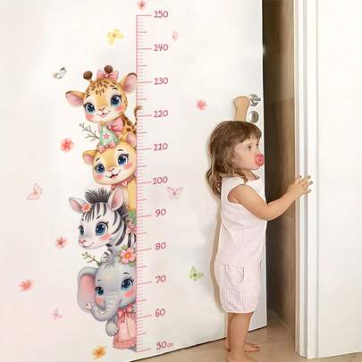 Miếng dán tường biểu đồ chiều cao 4 con vật dễ thương với thiết kế hươu cao cổ, sư tử, ngựa vằn, voi, miếng dán phòng trẻ em có thể tháo rời để trang trí phòng màu hồng cho bé, nghệ thuật đo lường sự phát triển giáo dục 50-150cm & miếng dán động vật & quà tặng Giáng sinh