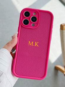 غطاء هاتف جلدي فاخر مخصص بنقشة الليتشي، اسم شخصي مطبوع، حماية كاملة للكاميرا مقاوم للسقوط، لون أحادي كلاسيكي لأزواج الهواتف