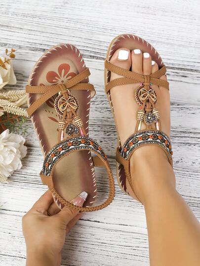 Bohemian Style 2023 Spring Collection Plus Size Flat Flower & Rhinestone Sandals, Cross-Border Fashion, Open-Toe Beach Shoes