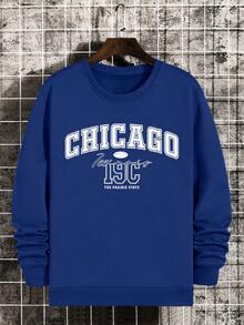 Men's American Retro Style Letter Graphic Crew Neck Sweatshirt, Chicago Letter Print, Casual Streetwear, Autumn/Winter, Long Sleeve Top - 軍綠色 - 查看 4