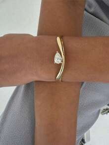 1pc Fashionable European-American Simple Copper Cubic Zirconia Adjustable Bangle Bracelet, Unisex Couple Daily Commute Accessory, Gifts For Holidays - 金子 - 查看 11