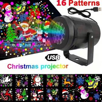 1pc Indoor/Outdoor Christmas/Halloween Projector Light, Rotary Projection Lamp, USB Powereing, Wall-Mounted, 16 Unique Christmas Patterns, 360° Adjustable, LED Snowflake Projection Light, Christmas/Halloween Decoration Lighting