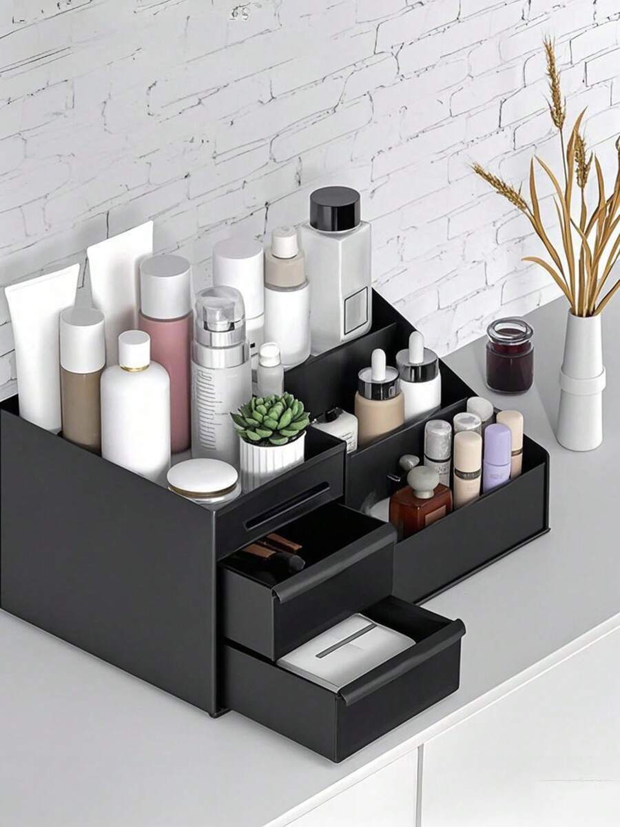 1pc Large Capacity Makeup Organizer With Drawers - Ideal For Vanity, Bathroom Countertop & Desk - Elegant Storage For Brushes, Eyeshadow, Lotions, Lipsticks & Nail Polish