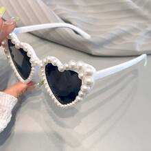 Women's Fashion Glasses, Heart-Shaped Artificial Pearls, , Suitable For Casual Activities And Music Festivals - 白色灰珍珠 - 查看 4