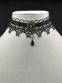 1pc Lace Collar, Steampunk Star Burgundy Satin Ribbon Black & White Lace Choker Necklace - Multicolor - View 7