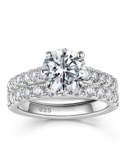 AIHUASI 2pcs/Set Luxury Moissanite Diamond 925 Sterling Silver Wedding Ring Set For Women Laboratory-Created 8*8mm 2.0Ct Round Cut Dazzling D Color VVS1 Moissanite Engagement Stackable Rings Fine Jewelry Valentine's Gift