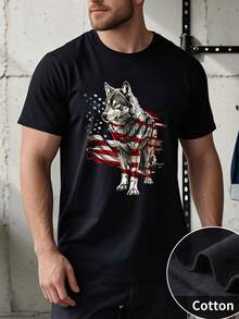 Men's casual T-shirts 250g pure cotton thick and comfortable Patriotic Wolf American Flag Graphic Tee - Negro - Ver 4