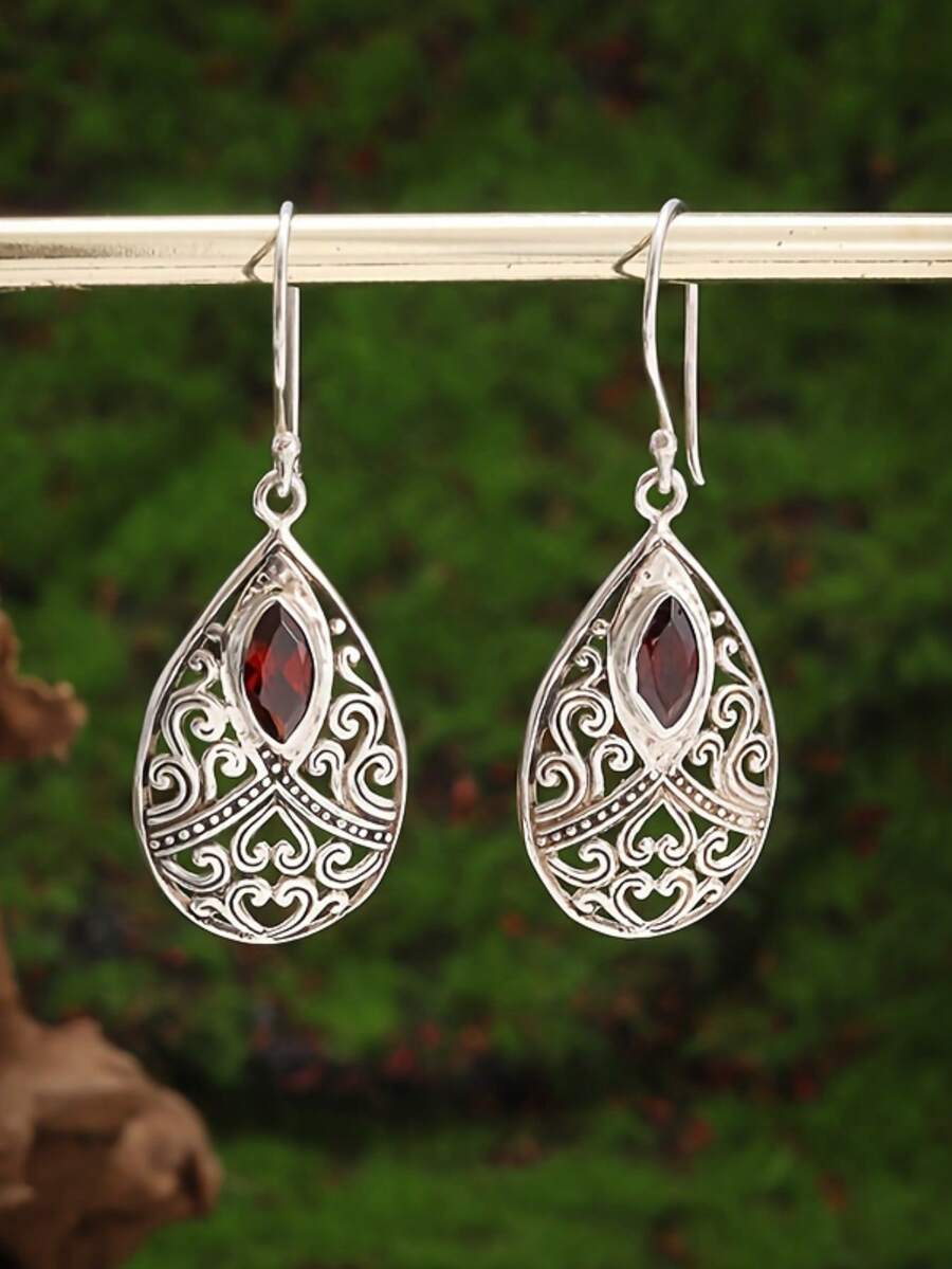 1 par de nuevos pendientes vintage con circonita roja tallada en forma de gota de agua y pera, accesorio de regalo de joyería