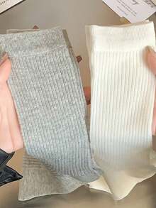 4 Pairs Women's Mid-Calf Socks, Student Style Socks In Black, White, Gray, Thin & Sweet Style Transparent Stacked Socks Suitable For Girls, Summer Breathable Striped Solid Color Cute Socks, Korean Style