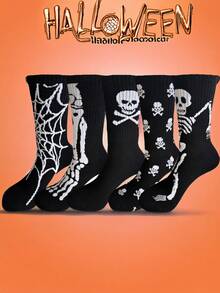 3/5/10 pares de calcetines de tubo medio unisex con diseño de esqueleto de dibujos animados aleatorios, suaves, cómodos, transpirables y versátiles para todas las estaciones, adecuados para uso diario y fiestas de Halloween