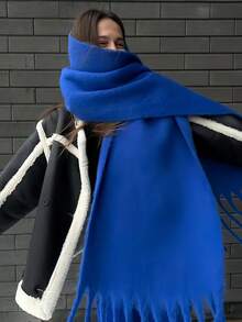 1 Women'solid Color Mohair Scarf Female Autumn Winter New All-In-One Neck Korean Version Of Advanced Sense Thick Warm Cape Suitable For Daily Use For Dress - Royal Blue a - View 5