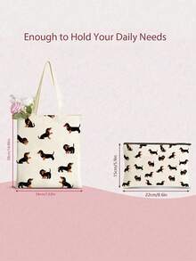 两件套可爱腊肠犬印花手提包套装 - 女士时尚手提包，配有小型拉链化妆包、可重复使用的购物袋，设计紧凑，适合日常使用；大容量可重复使用的帆布沙滩包 - 印花手提袋，适合休闲旅行购物 - 单肩包，可作为女士礼物。，可爱 - 米色 - 查看 5