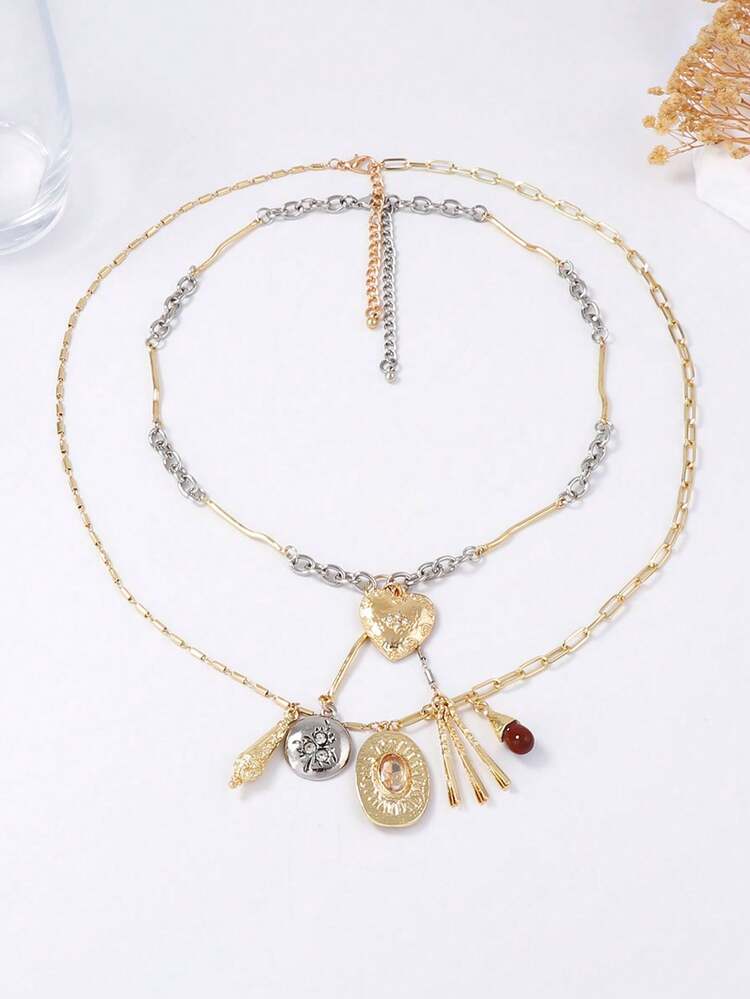 1 件复古奢华高端设计双层链条分层心形和几何吊坠项链，适合女士休闲装 - 鏈條項鍊 - 查看 2