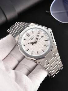 LONGLUX 1pc Men's Automatic Mechanical Watch With Calendar, Butterfly Buckle Steel Band, Waterproof, Casual & Minimalist Design