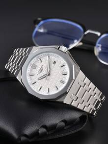 LONGLUX 1pc Men's Automatic Mechanical Watch With Calendar, Butterfly Buckle Steel Band, Waterproof, Casual & Minimalist Design