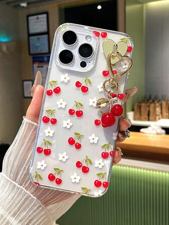 1 pieza Funda protectora de teléfono transparente de unicolor con lindo diseño de cereza y dije de cereza colgante, compatible con iPhone y Galaxy, funda de teléfono, funda para 17 Pro Max, fundas, funda de teléfono linda, funda para S26/S26 PLUS/S26 Ultra