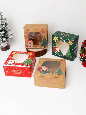 6pcs/12pcs Christmas Window Cupcake Boxes, 4/6 Cavity Cupcake/Muffin/Tart/Cookie/Candy Packaging Boxes For Holiday, Party And Other Events