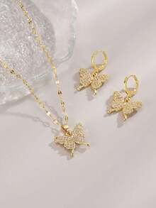 1pc Crystal Butterfly Stainless Steel Women Necklace & 1pair Crystal Butterfly Women Earrings