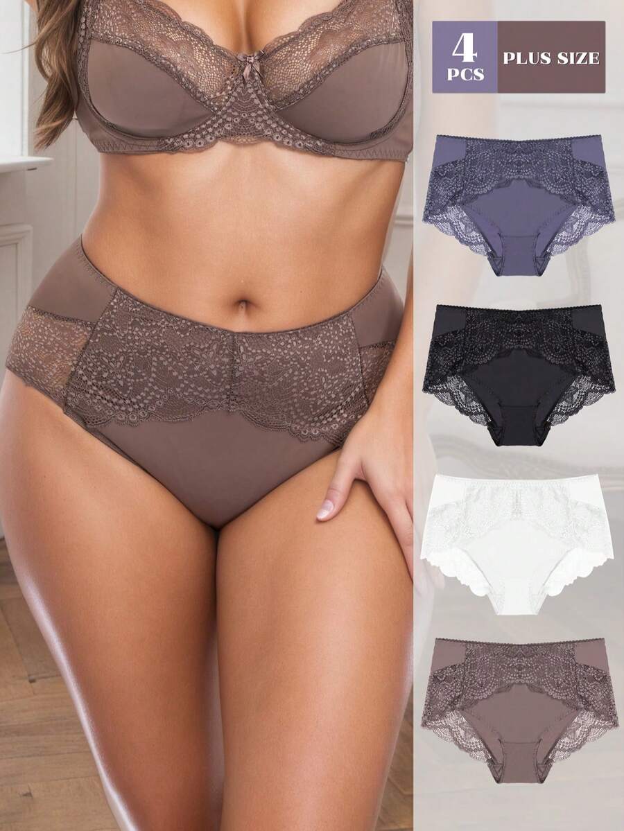 4 Stücke Damen Große Größen Weiche Spitze Sexy Romantisch Minimalistischer Stil Höschen - Verschiedenfarbig - Übersicht 1