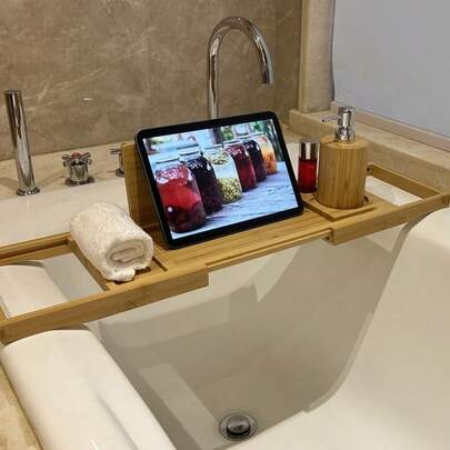 Bambus Badewannen Tablett, Luxus Badezimmer Aufbewahrungsregal, geeignet als Geschenk für das neue Zuhause, Badewannen Handy Buch Tablet Obst Aufbewahrungsregal, einfaches und kompaktes Geschenk, Badewannen Weinglas Regal