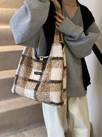 Women's Winter Faux Shearling Colorblock Tote Bag, Fashionable Large Capacity Handbag