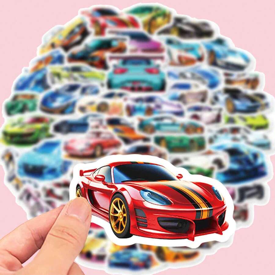 50 matowych naklejek i kalkomanii z motywem samochodów wyścigowych, odpowiednich do asymetrycznych etui na telefony, laptopów, butelek na wodę, albumów, pamiętników