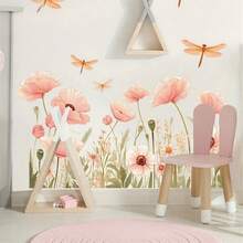 2 件彩色花卉墙贴 - 现代乙烯基贴纸，带有粉色、桃色、黄色、蓝色和绿色花朵和蝴蝶 - 可移除、自粘装饰，适用于客厅、卧室或家庭墙壁、花卉装饰