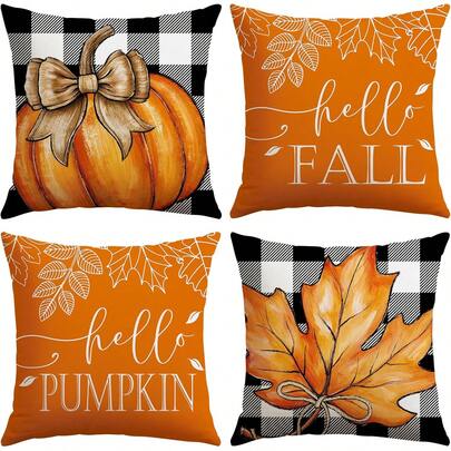 Artscope - Juego de 4 fundas de almohada de otoño de 16 x 16 pulgadas, Hello Fall Hello Pumpkin Buffalo Plaid Maple Leaf Harvest - Fundas de almohada decorativas al aire última intervensión para sofá