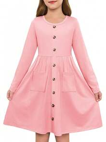 Girls Dresses Kids Button Down Midi Long Sleeve Casual A Line Dress With Pockets 4-14 Years - Xanh nhạt - Xem 6
