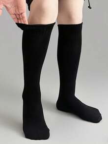 1pair High Elastic Breathable Soccer Socks,Solid Color Mid-Calf Sports Socks For Teens And Kids - Black - View 2