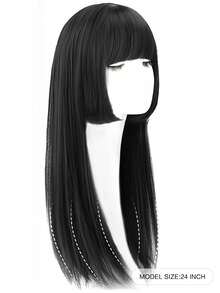 Natural Long Straight Synthetic Black Wig With Bangs Lolita Cosplay Hair Wigs For Women Heat Resistant Fiber Daily Party Wig Fem - Multicolor - View 9