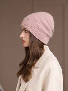1 件女士保暖双层针织帽，时尚珍珠头带耳罩式毛线帽，冬季妈妈厚针织帽 - YM2577藕粉 - 查看 6