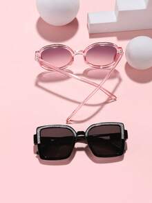 2 piezas Gafas de moda redondas y cuadradas con brillo fino de acrílico para niño y niña de 8 a 14 años, adecuadas para salidas de vacaciones, combinación de ropa y regalos festivos.