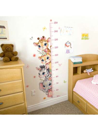 Cute 4 Animals Height Chart Wall Sticker With Giraffe Lion Zebra Elephant Design, Removable Nursery Decals For Pink Room Baby Room Decor Easy Apply, Educational Growth Measurement Art 50-150cm & Animal Decals & Christmas Gifts
