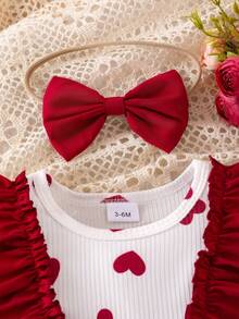 4件套女婴优雅套装：撞色蝴蝶结饰边连体衣连衣裙、发带和蝴蝶结装饰袜