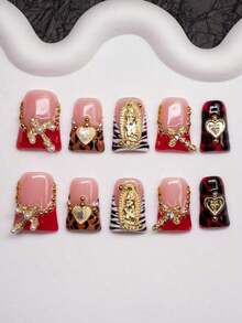 Spring & Summer Duck Mouth Shaped Handmade Y2K Fashion Press-On Nails, Available In, Red, Brown Colors With French Tips, Leopard Print,, Heart Decorations, 10 Pieces/Set With 3 Size Options, Suitable Party, Wedding And Daily Wear, Includes Kit, Great Women & Girls Nail Supplies Nails - Nhiều màu - Xem 3