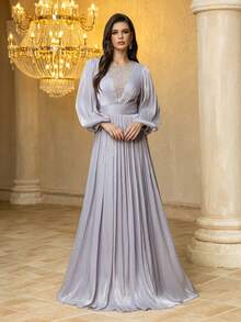 Đầm dạ hội dài ôm sát người UNITHORSE dành cho nữ, cổ tròn, tay phồng, chất liệu sợi rayon, được làm thủ công và đính cườm. - Màu tím hoa cà - Xem 4