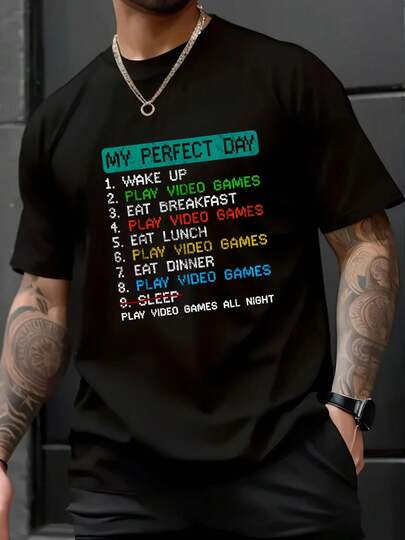 My Perfect Day Play Video Games Funny Gamer Gaming T-Shirt -100% Cotton Autumn Men's Casual T-Shirt, Featuring "Merry Christmas" Letters And Fun Snowflake Pattern Print On The Top