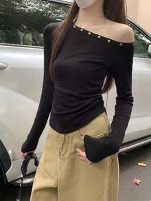 Korean Style Chic Asymmetric Shoulder Ruched Rivet Sexy Long Sleeve T-Shirt Top, Spring - Black - View 7